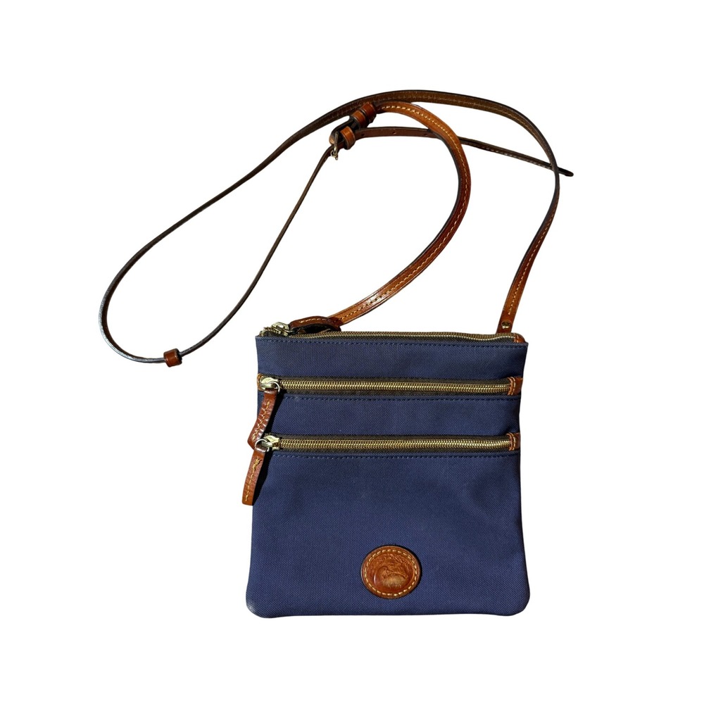 Dooney Bourke Navy Blue‎ Nylon Leather Trim Crossbody Bag North South Triple Zip